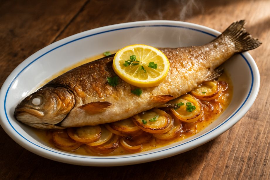 trucha al horno con patatas y cebolla