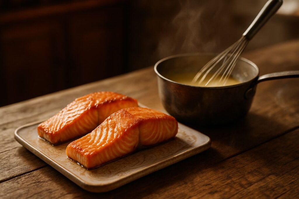 cocinando salmón en salsa holandesa