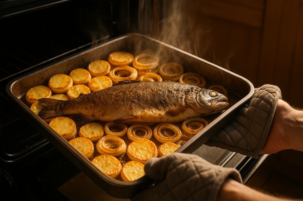 trucha con patatas y cebolla saliendo del horno