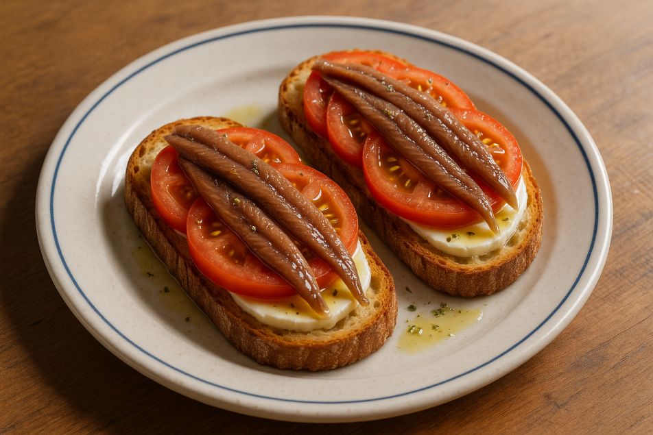 tosta de anchoas con queso y tomate