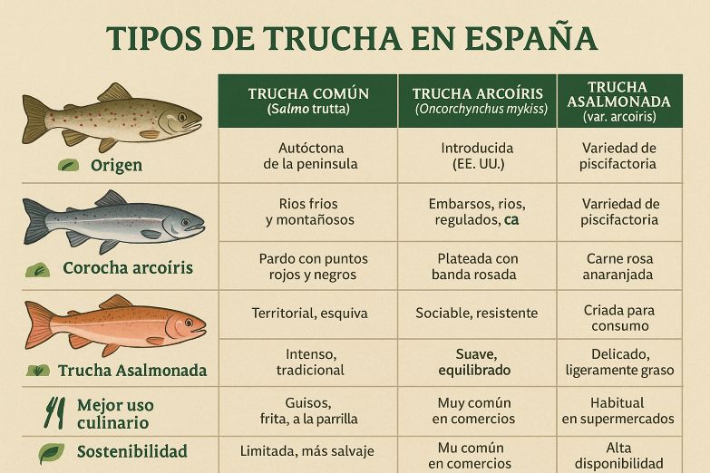 Infografía comparativa entre las principales especies de trucha en España: