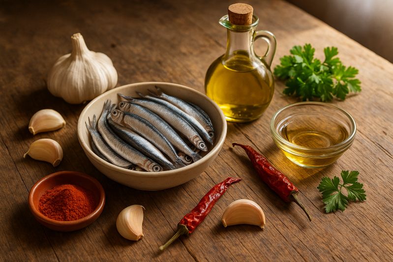 ingredientes anchoas a la cazuela con pimentón